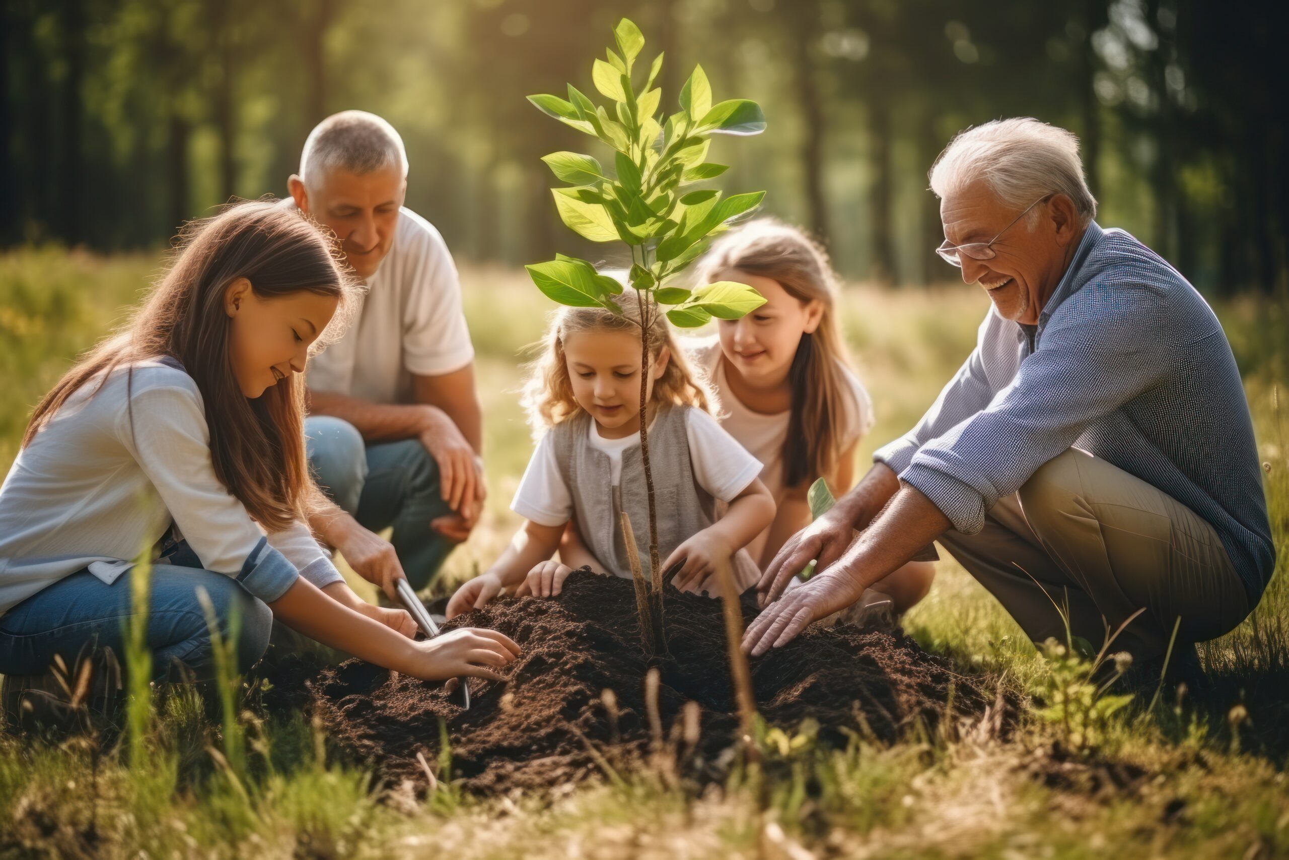 Family planting tree in garden.
